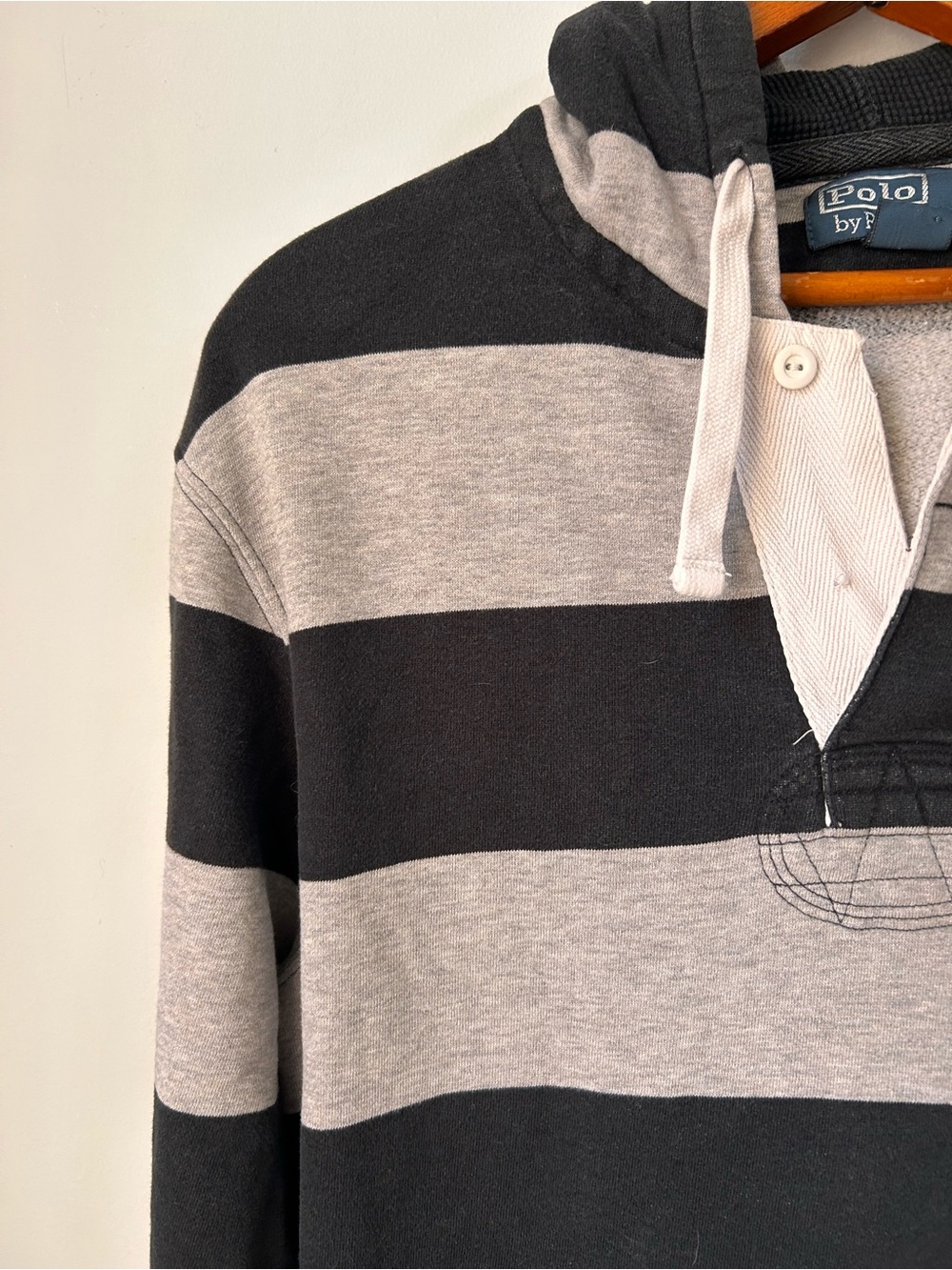 Vintage Polo Ralph Lauren Rugby Hoodie Mens M Black Gray Striped Long Sleeve - Picture 3 of 13